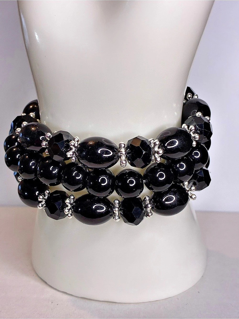Glass Black Beaded Statement Bracelet